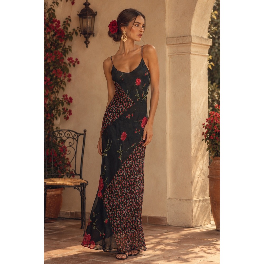 Mlle Gabrielle Vintage Black Floral Beaded Maxi Slip Dress Size 14